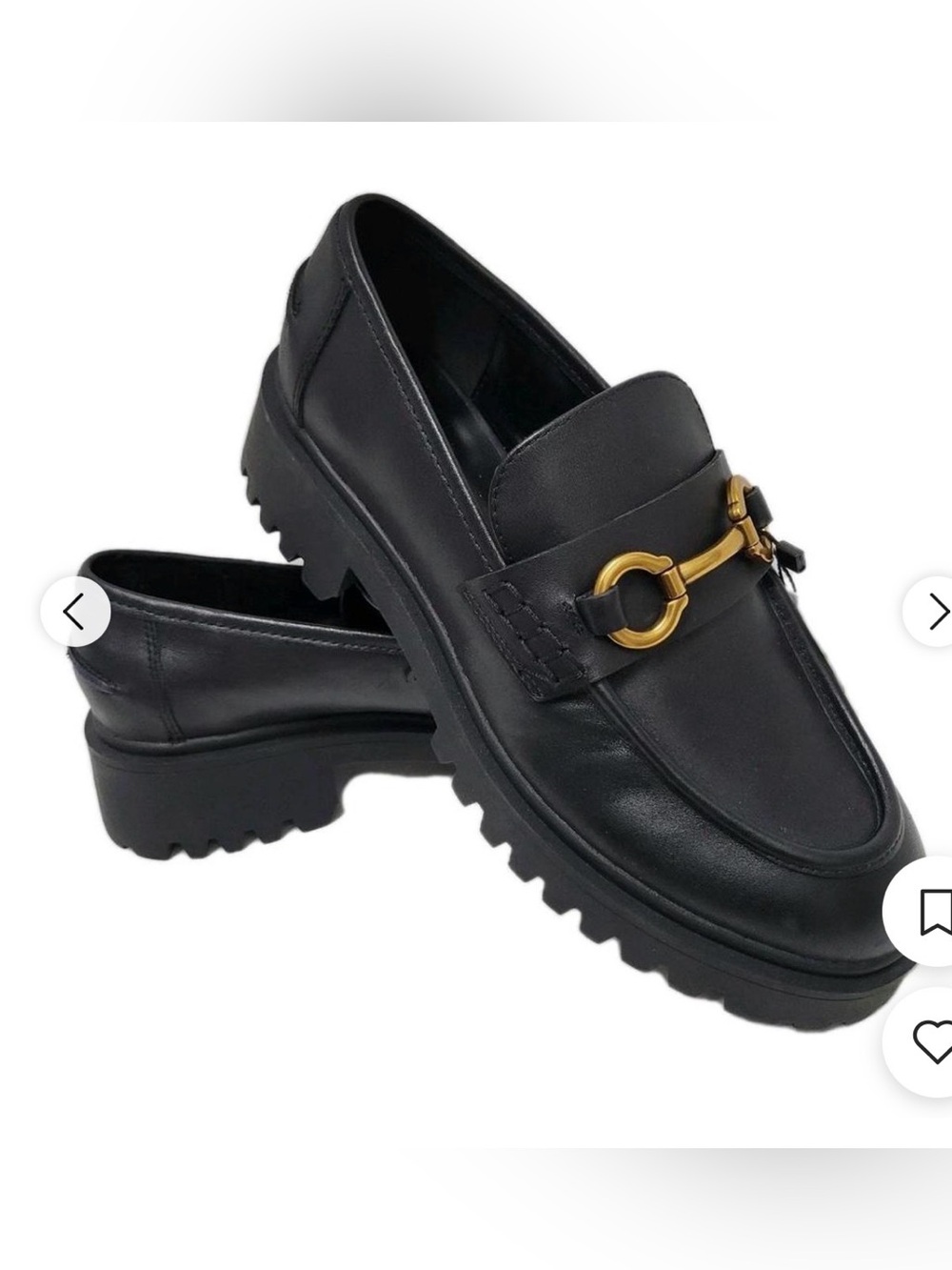 Mango Black Leather Lug Sole Loafers with Gold Horsebit Accent